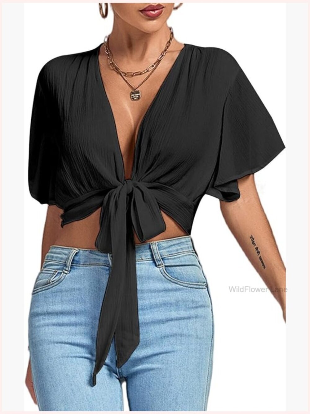 Deep V Neck Tie Front Wrap Cropped Blouse Ruffle Short Sleeve Crop Top